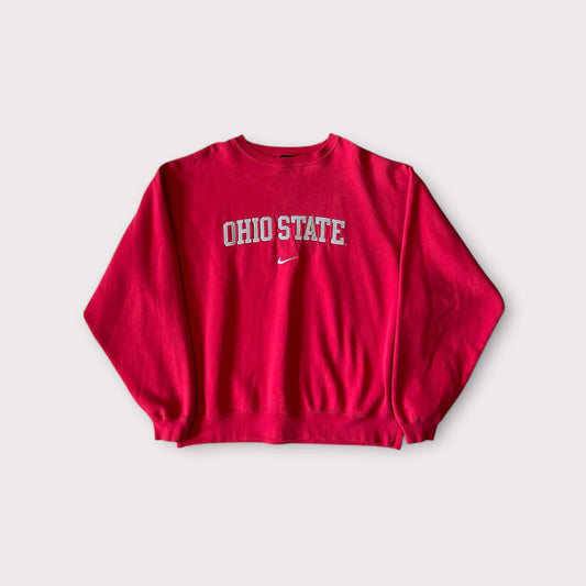 Nike Ohio State crewneck sweatshirt in red, featuring bold 'Ohio State' lettering and classic Nike logo.